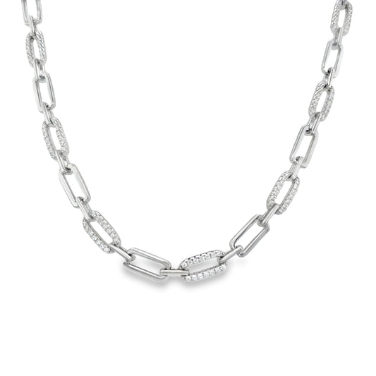 Sterling Silver CZ and Polished Open Rectangular Link Necklet