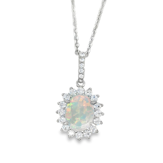 Sterling Silver CZ Opal Oval Cluster Pendant