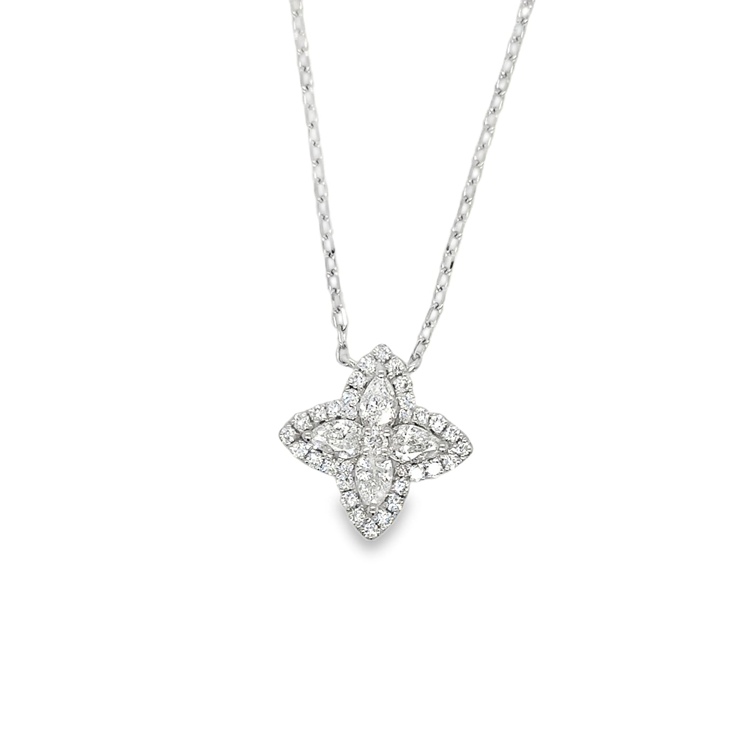 9ct White Gold Cultured Flower Necklet With Diamond Halo .60ct