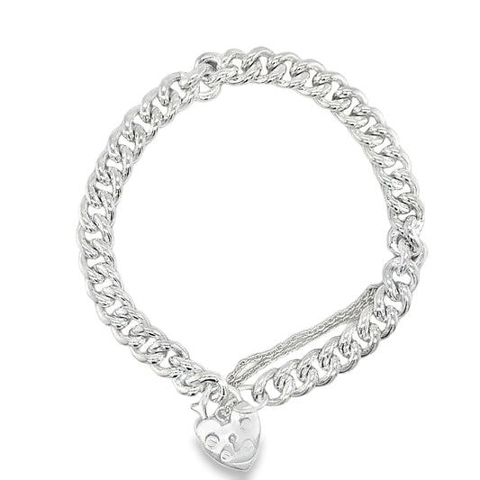 Sterling Silver Curb Bracelet with Heart Padlock