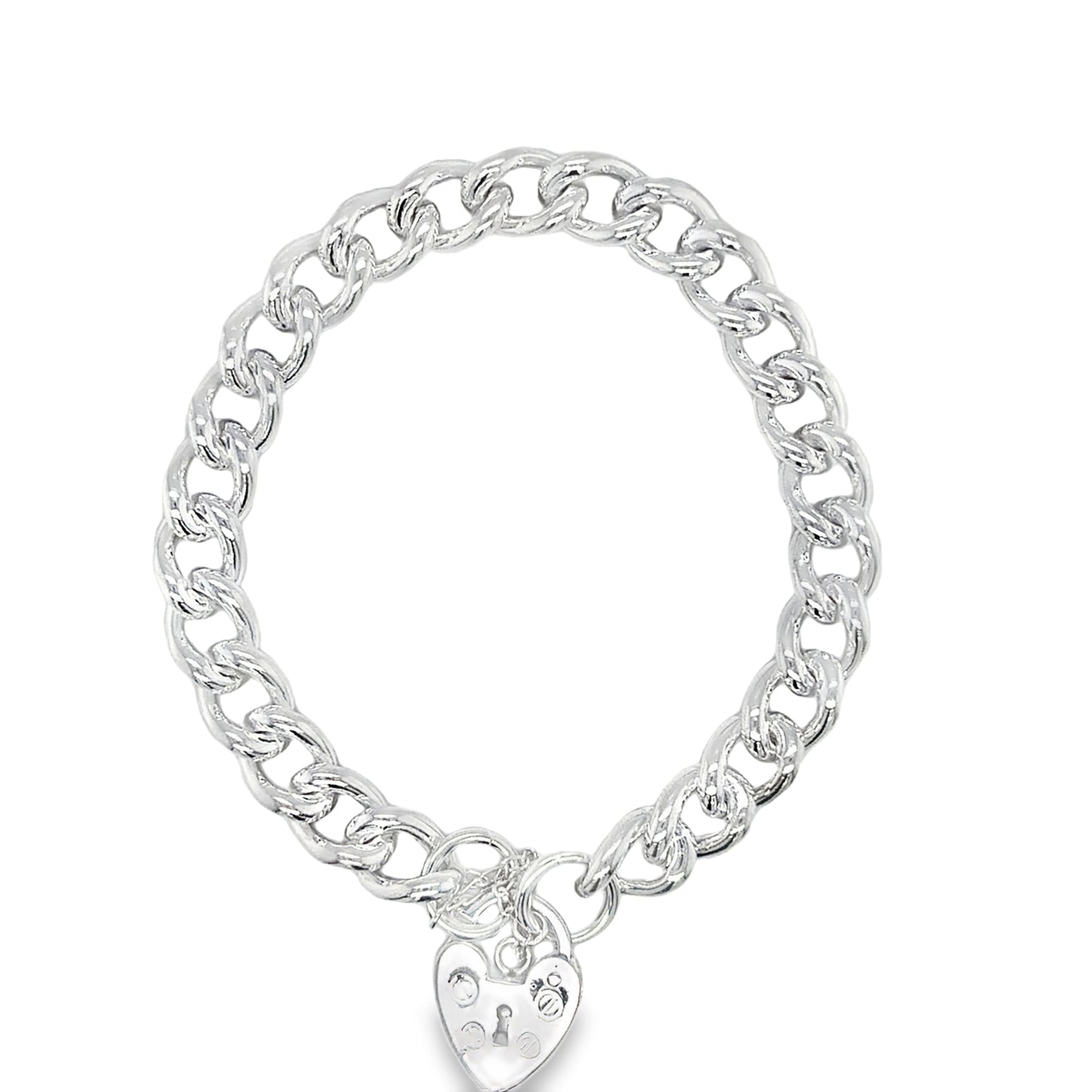 Sterling Silver Curb Bracelet with Heart Padlock