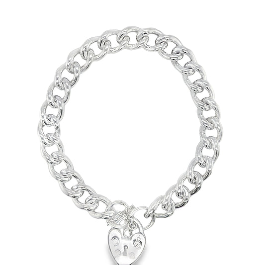 Sterling Silver Curb Bracelet with Heart Padlock