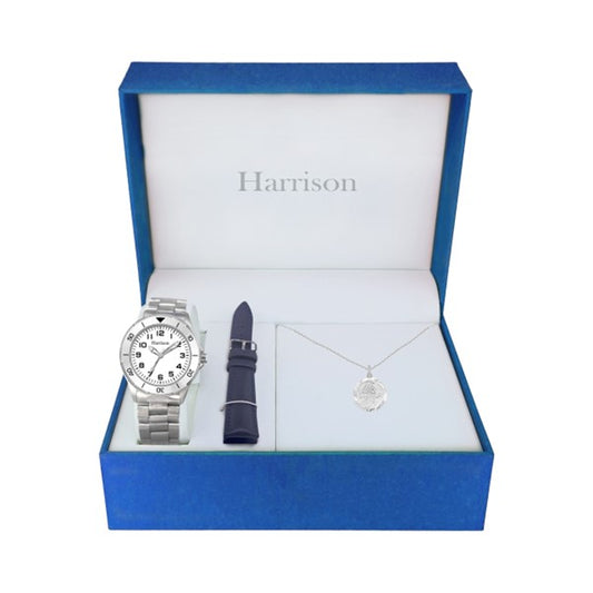 Kids Stainless Steel Communion Watch Set with St. Christopher Medal and Extra Blue Strap