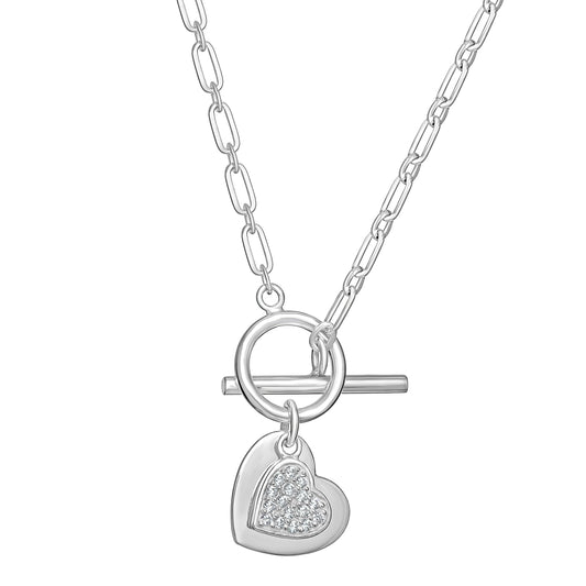 Sterling Silver CZ Double Heart T-Bar Necklet