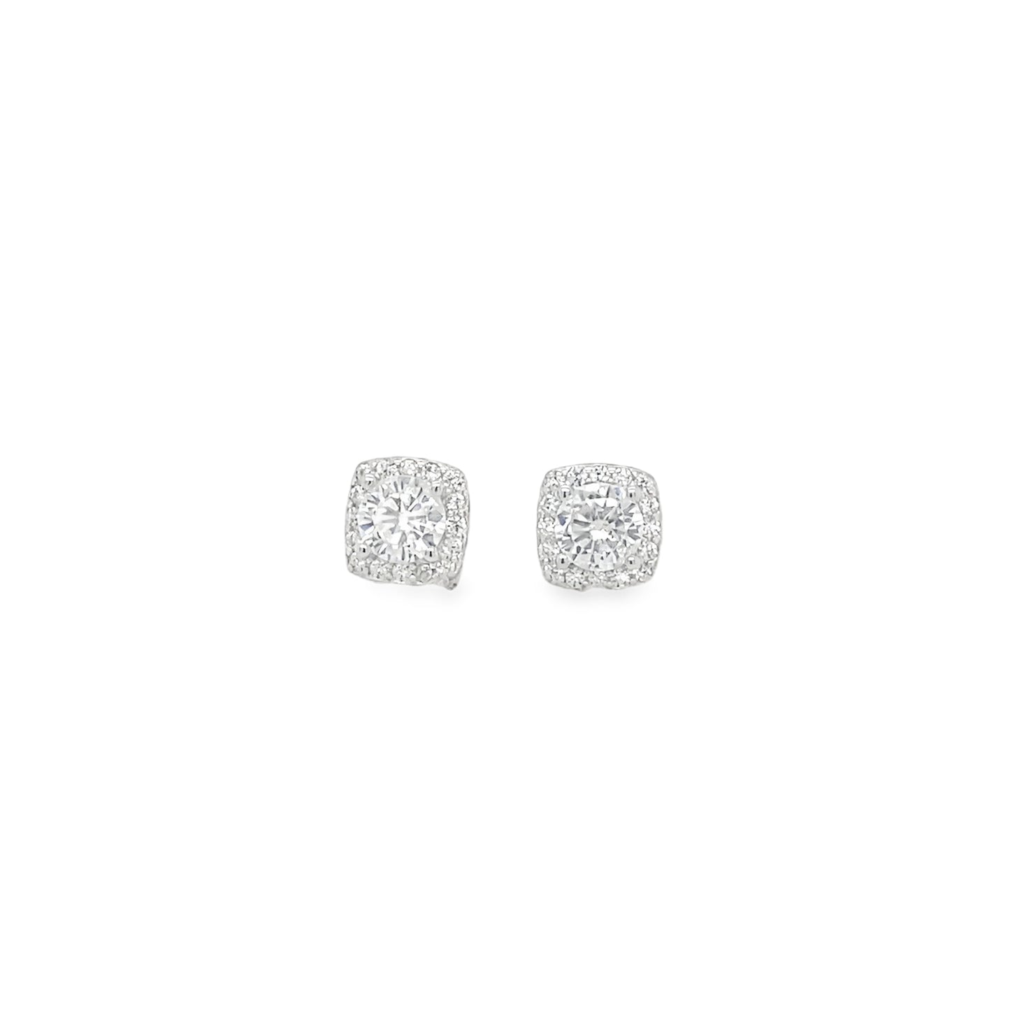 Sterling Silver Round CZ Stud Earring With Square Halo