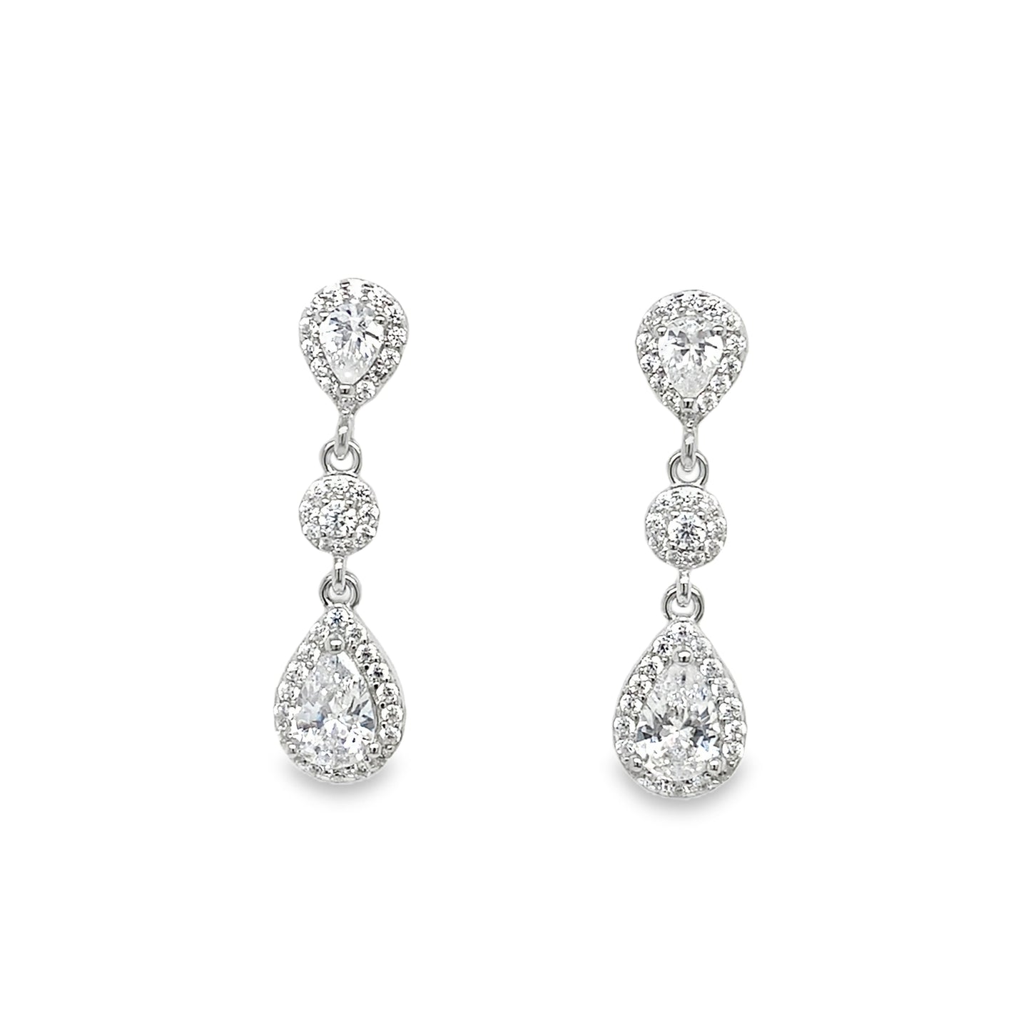 Sterling Silver Round & Pear Halo Drop Earrings