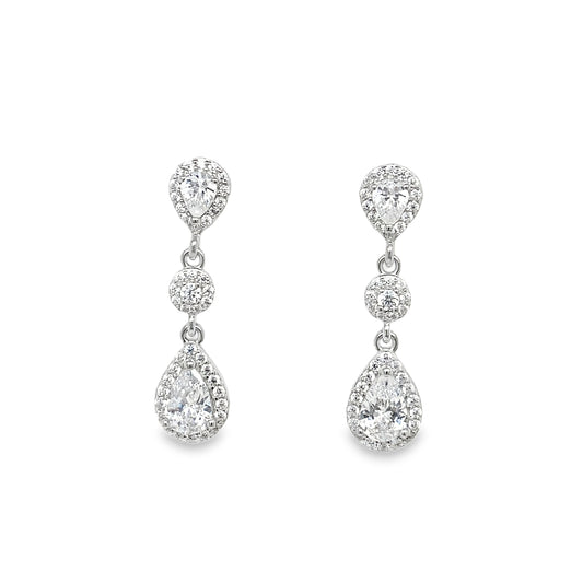 Sterling Silver Round & Pear Halo Drop Earrings