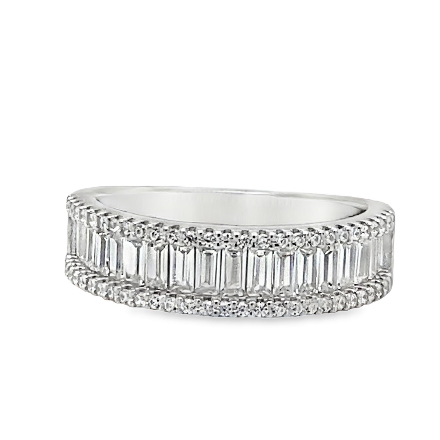 Sterling Silver Three Row Baguette and Round CZ Ring