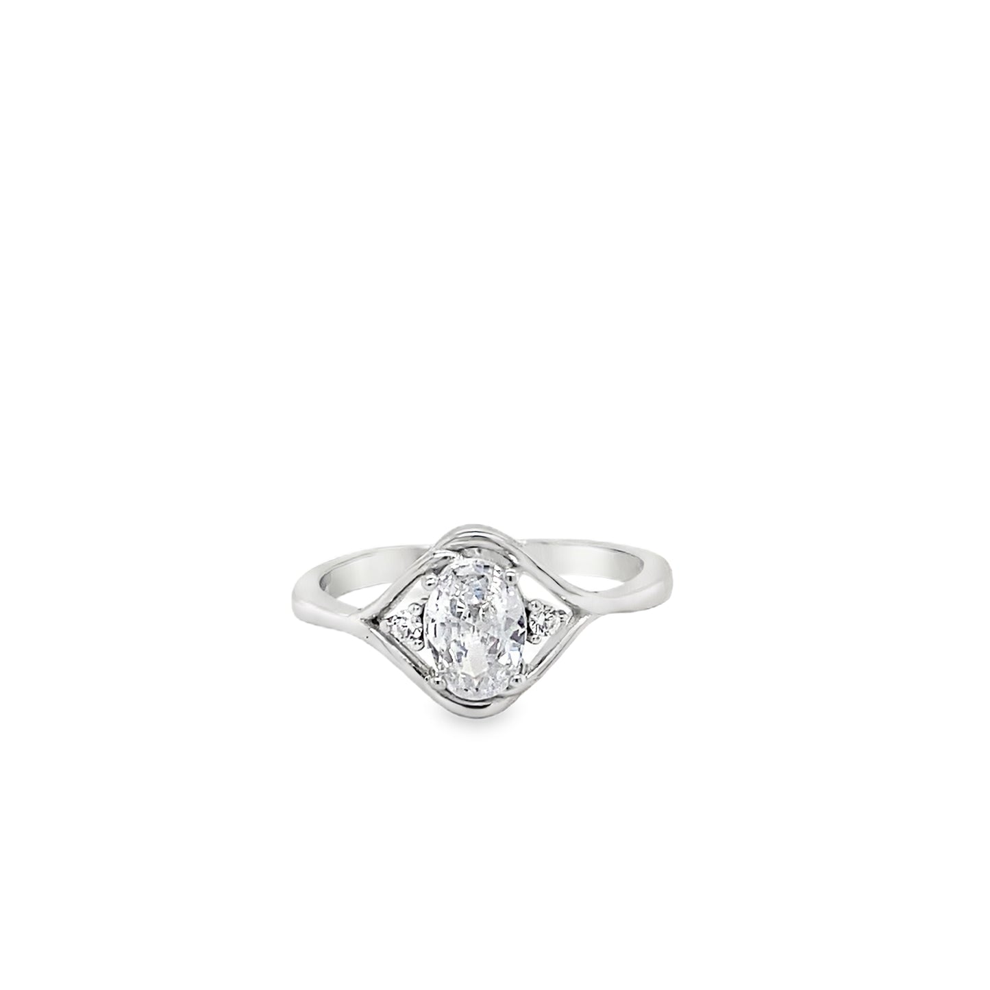 Sterling Silver Oval CZ Solitaire Ring with Open CZ Shoulders