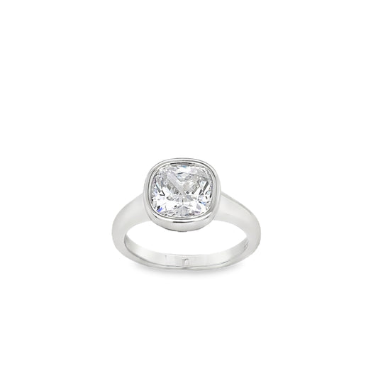 Sterling Silver Rubover Set Cushion Cut CZ Ring