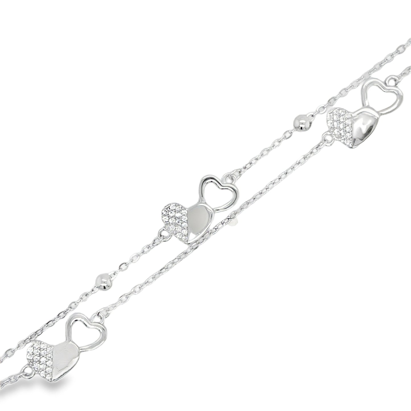 Sterling Silver Double Row Double CZ Heart Scatter Bracelet