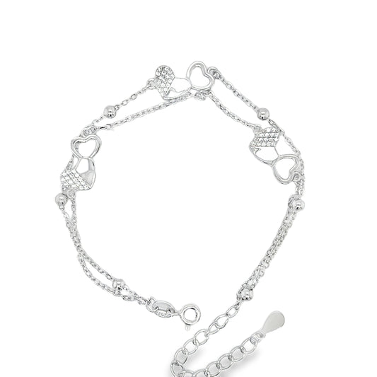 Sterling Silver Double Row Double CZ Heart Scatter Bracelet