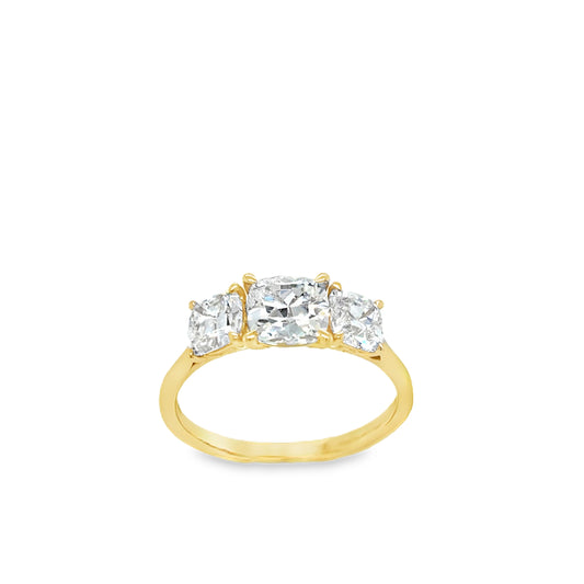 18ct Yellow Gold Three Stone Miner Cut Cultured Diamond Ring 2.15ct