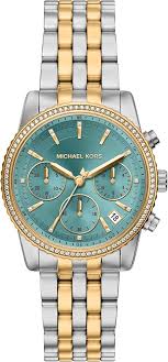 Ladies Two Tone Michael Kors Bryant Pavé Turquoise Dial Watch