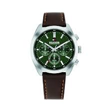 Gents Tommy Hilfiger Hudson Green Dial Chronograph Watch With Brown Strap