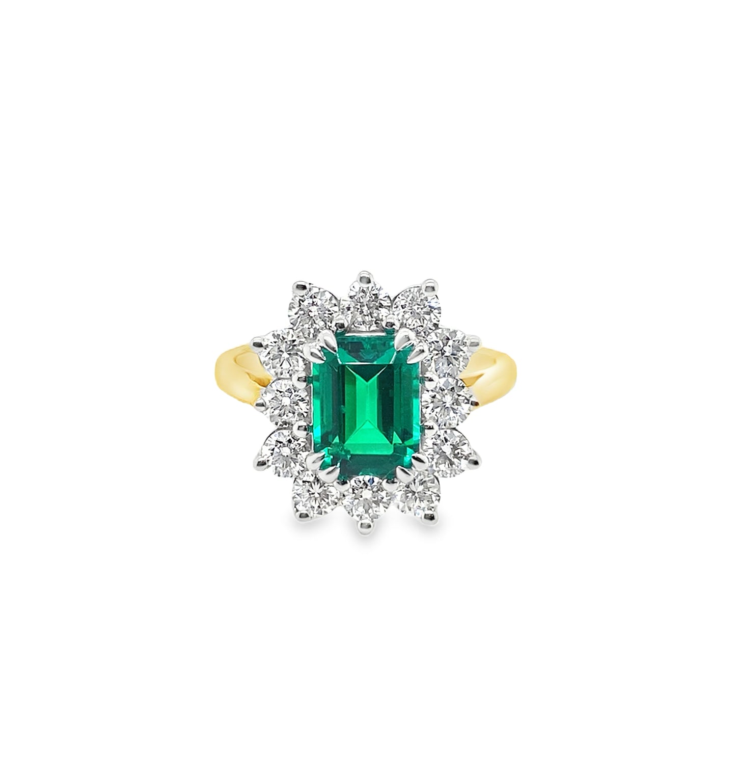 9ct Yellow Gold Emerald Cut Flower Cluster Cultured Emerald and Cultured Diamond Ring 1.00ct
