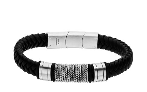 Steelwear Leather Plaited Bracelet With Steel Chain Centre