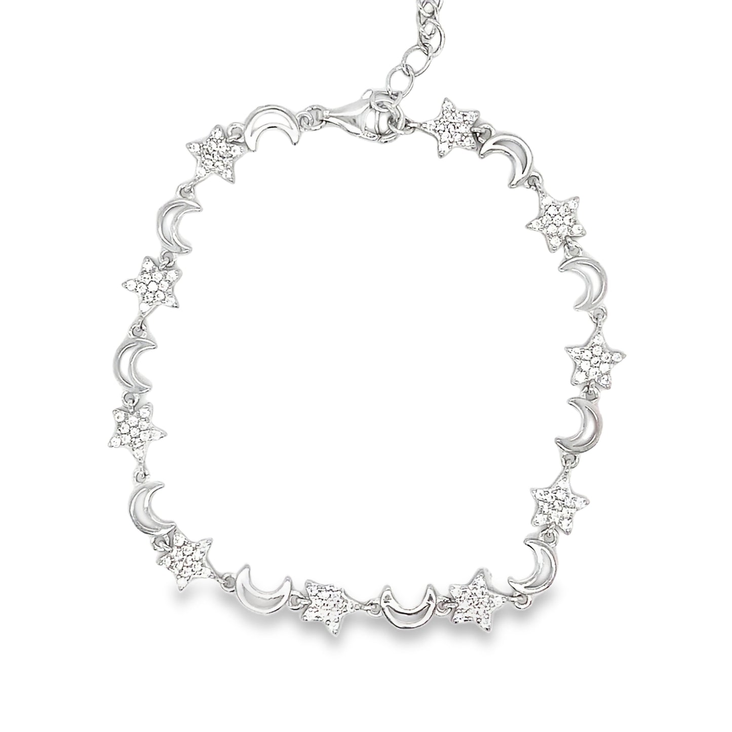 Sterling Silver CZ Moon and Star Bracelet