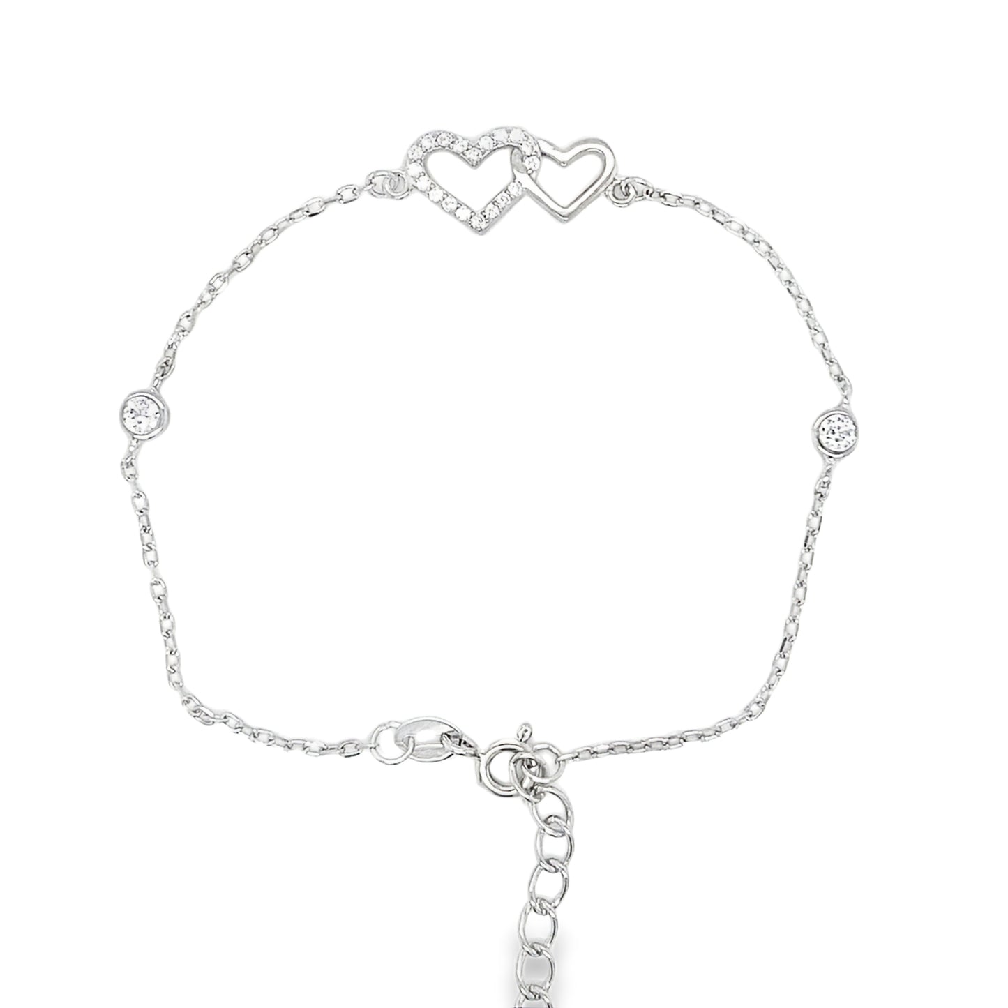 Sterling Silver CZ and Polished Double Heart Bracelet