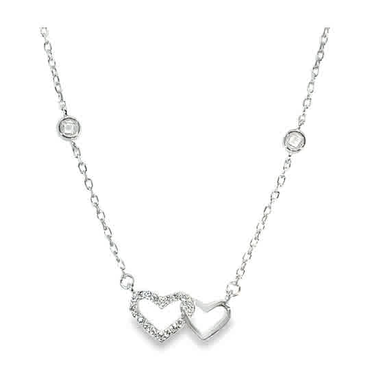 Sterling Silver CZ Double Heart Necklet with Rubover Scatter CZ