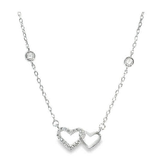 Sterling Silver CZ Double Heart Necklet with Rubover Scatter CZ