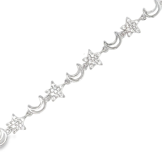 Sterling Silver CZ Moon and Star Necklet