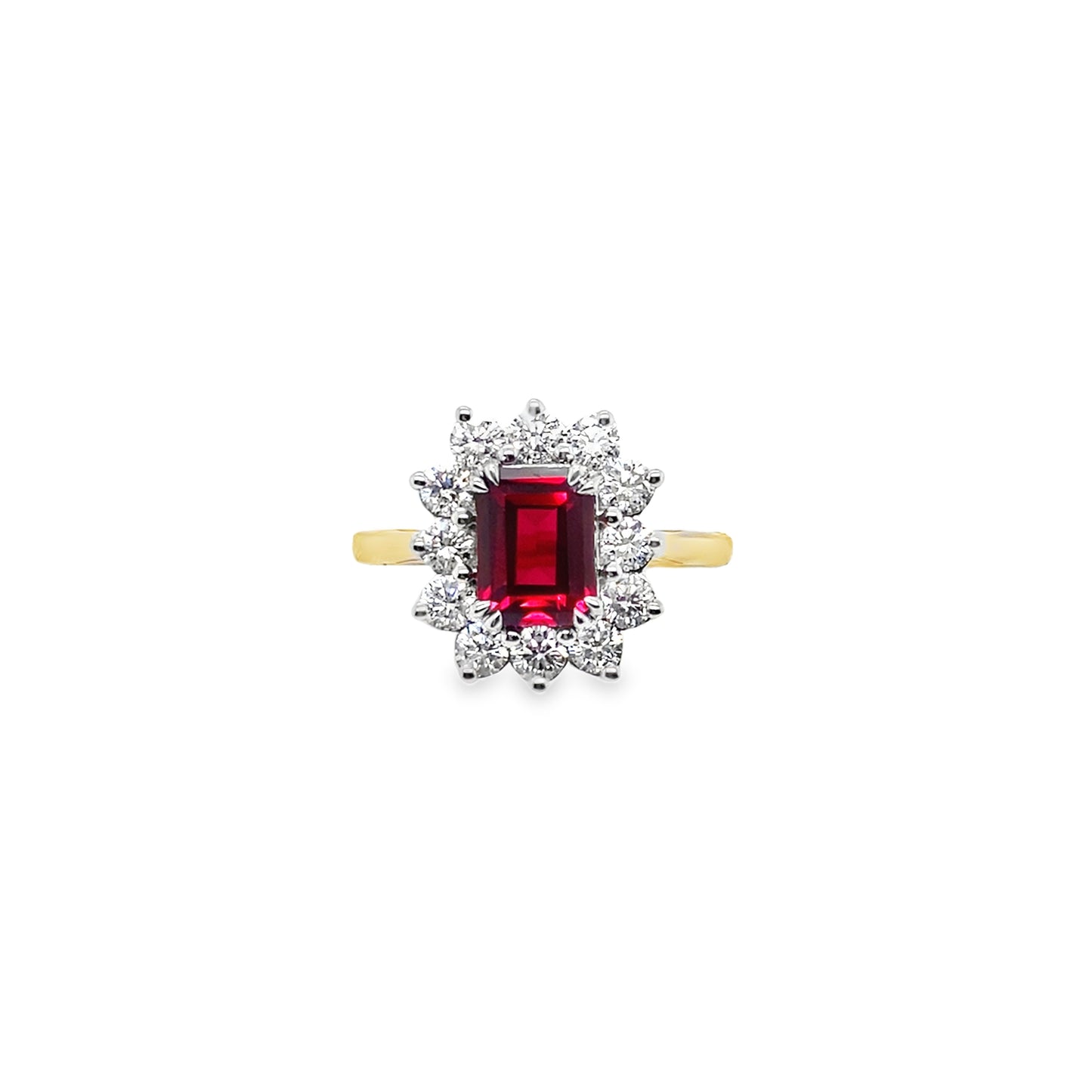 9ct Yellow Gold Emerald Cut Cultured Ruby Ring with Cultured Diamond Set Halo 1.00ct
