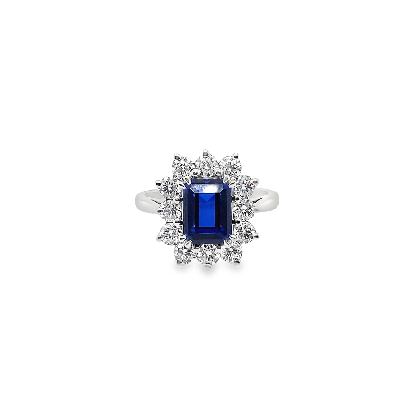 9ct White Gold Emerald Cut Cultured Sapphire Ring with Cultured Diamond Halo 1.00ct