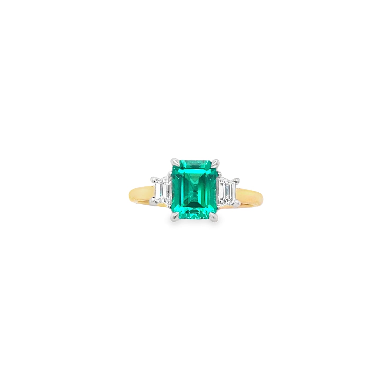 9ct Yellow Gold Emerald Cut Cultured Emerald Ring with Trapezium Cut Cultured Diamond Shoulders .40