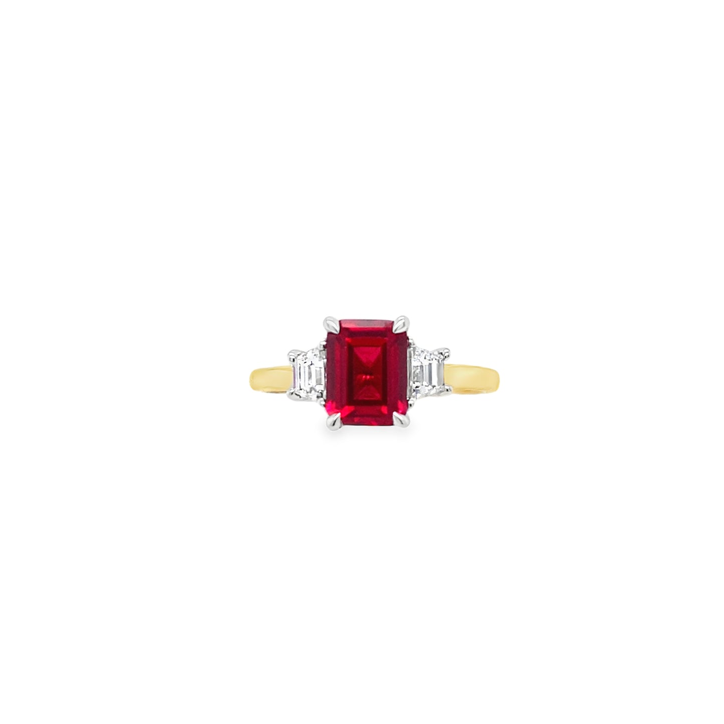 9ct Yellow Gold Emerald Cut Cultured Ruby Ring with Trapezium Cut Cultured Diamond Shoulders .40ct
