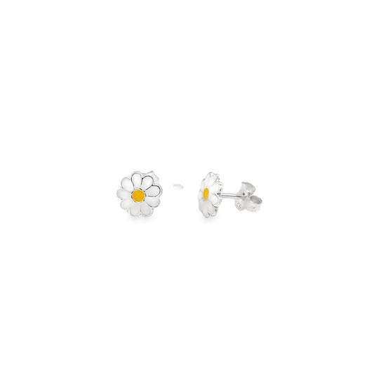 Sterling Silver White & Yellow Enamel Daisy Flower Earrings