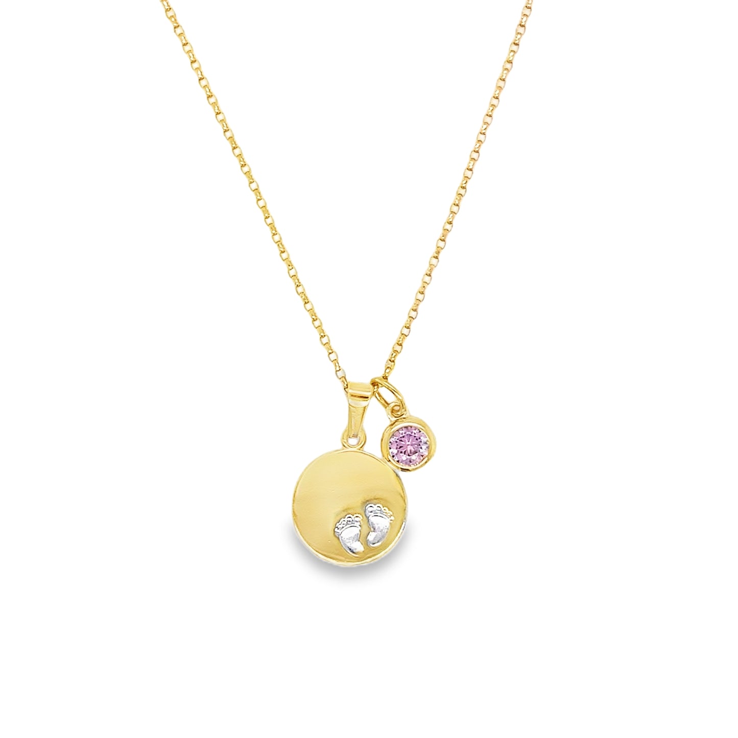 9ct 12mm Baby Feet Disc Pendant With Pink Stone