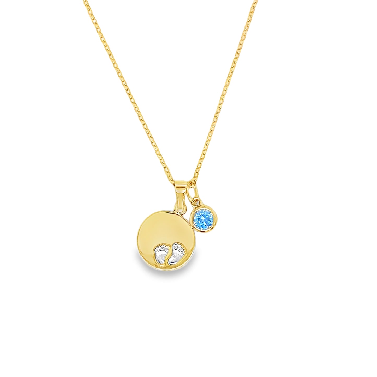 9ct 12mm Baby Feet Disc Pendant With Blue Stone