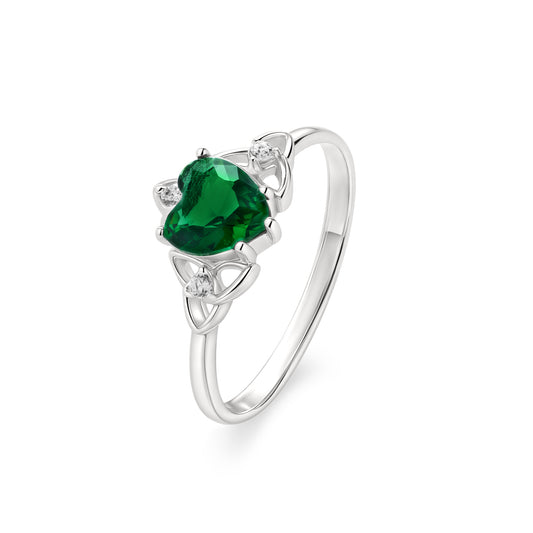 Sterling Silver Green CZ Hrt Ring With Celtic Trinity Shoulders