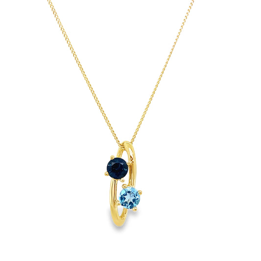 9ct Gold Round London Blue Topaz & Blue Swiss Topaz Drop Pendant