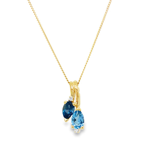 9ct Swiss Blue Topaz, London Blue Topaz & Cultured Diamond Cluster Pendant 0.02ct