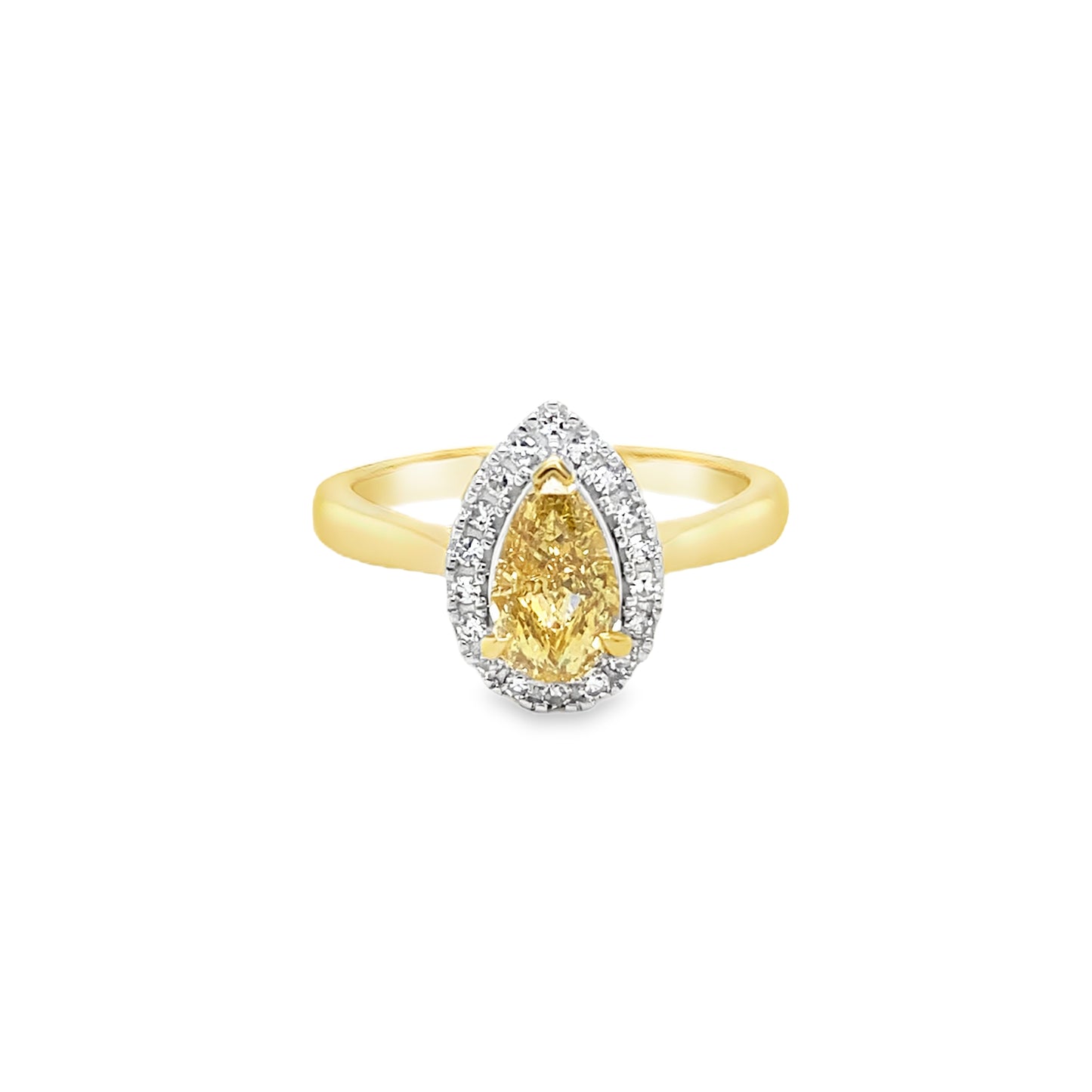 9ct Pear Cut Cultured Yellow Diamond With Culured Diamond Halo Ring 1.10ct