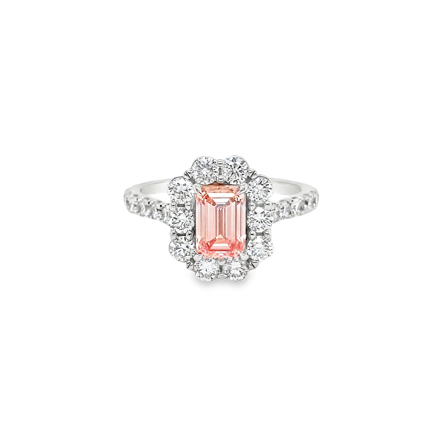 9ct White Gold Pink Cultured Emerald With Cultured Diamond Halo & Shoulders 2.00ct