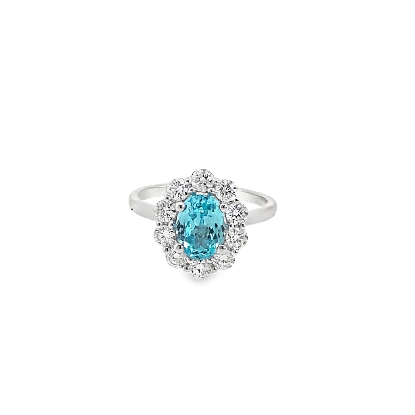9ct White Gold Oval Paraiba Tourmaline Ring with Cultured Diamond Set Halo .80ct