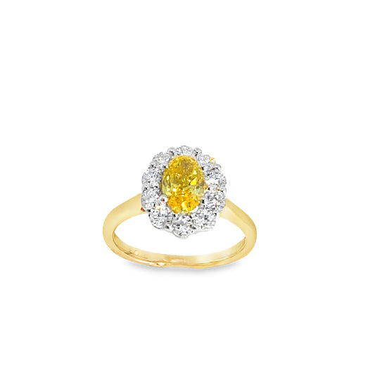 9ct Oval Cultured Fancy Vivid Yellow Diamond Ring With Cultured Diamond Halo 1.75ct