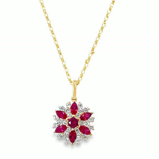 9ct White & Red CZ Round Flower Cluster Pendant