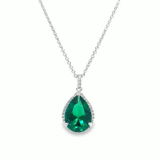Sterlng Silver CZ Green Pear Pendant With Halo