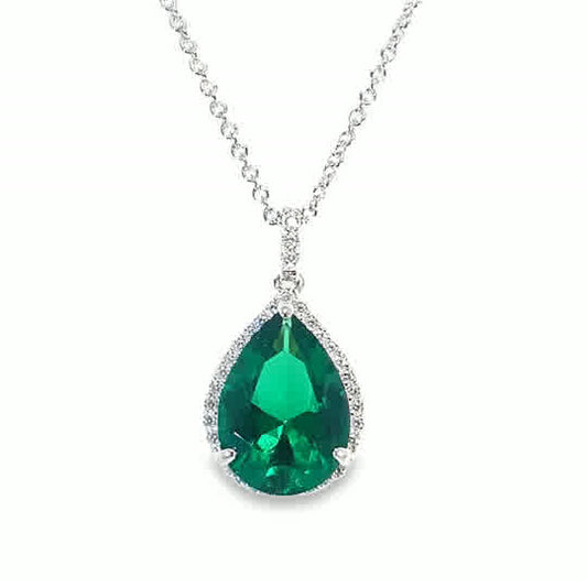 Sterlng Silver CZ Green Pear Pendant With Halo