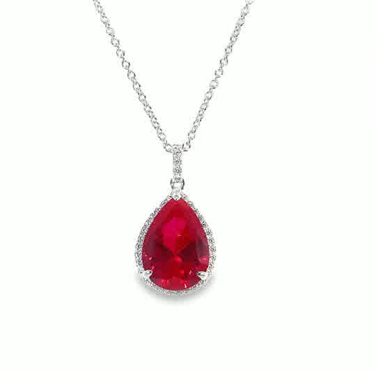 Sterlng Silver CZ Red Pear Pendant With Halo