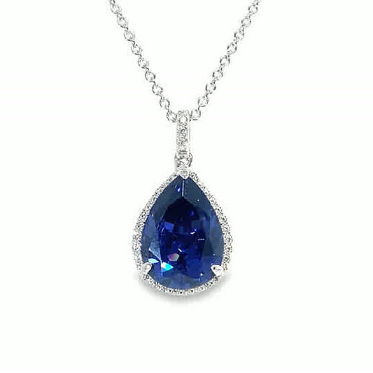 Sterlng Silver CZ Blue Pear Pendant With Halo
