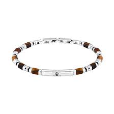 Maserati Stainless Steel Tiger's Eye Beaded Gents Bracelet