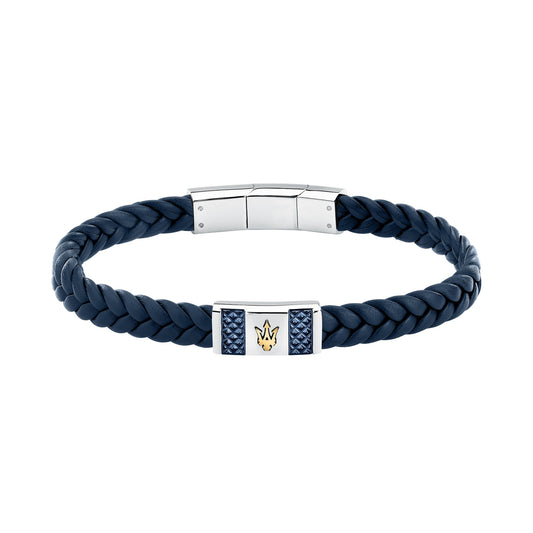 Maserati Stainless Steel Blue Plaited Leather Gents Bracelet