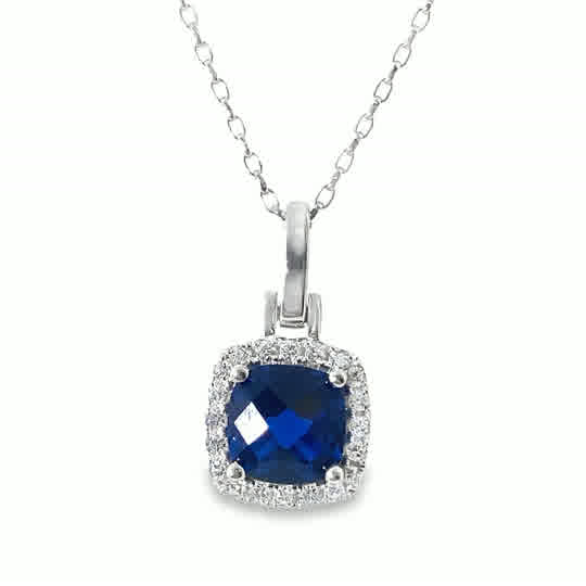 Sterling Silver Cushion Dark Blue Cubic Zirconia Halo Pendant
