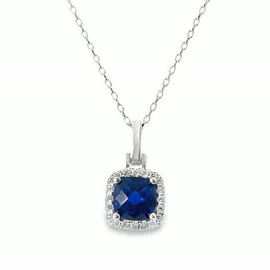 Sterling Silver Cushion Dark Blue Cubic Zirconia Halo Pendant