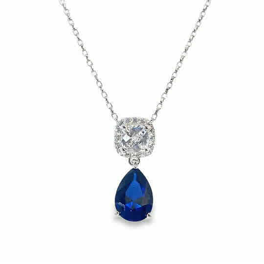 Sterling Silver Drop Dark Blue Pear + Cubic Zirconia Halo Pendant